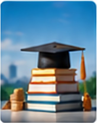 Graduation cap on a stack of books and coins